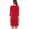 Nice-forever causale elegante effen rode kleur o nek vestidos 3/4 plated mouw werk vrouwen rechte shift jurk T028 210419