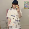 クワイイジャパンポロシャツ楽しい落書き印刷半袖Tシャツ女性ルーズ韓国の学生全体試合原宿コットントップ210526