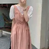 Solidne Vintage Słodkie Lato Luźne Bluzki + Plaid A-Line Girl Femme Slip Sukienki Chic Dwuczęściowy Garnitury Zestawy 210525