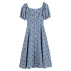 Women Blue White Polka Dot Puff Short Sleeve Button Fit And Flare Knee Length Vintage Summer Elegant Dress D1070 210514