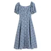 Mulheres Azul Branco Polka Dot Pufão Botão de Manga Curta Botão e Flare Joelho Comprimento Vintage Verão Vestido Elegante D1070 210514