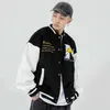Aolamegs Furry Big Letter Daisy Flowers Patch Leather Patchwork Baseball Jacket Men Autumn College Style Bomber Jackets Coat Men 210927