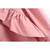 Mulheres Ruffle Camisa Mola Moda Manga Longa Poplin Soft Pink Tops Moderna Senhora Solta Blusa 210602