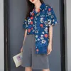 Daisy Printing Short Sleeve Tops Blouse Women Summer Beach Style Turn Down Collar Button Linen Casual Loose Female Shirts 210515