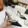 Pointed Toe Silk Satin High Heel Sandals Women Crystal pearl chain Decor Ankle Strappy Pumps Sexy Wedding Bride Shoes 2022