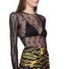 Femmes Sexy Mesh T-shirts Femme Voir à travers la mode Moon Tops à manches longues Skinny High Streetwear Fishnet transparent