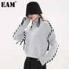 [EAM] Örgü Gri Dantel Up Kazak Gevşek Fit Standı Yaka Uzun Kollu Kadın Kazaklar Moda İlkbahar Sonbahar 7B0327 21512