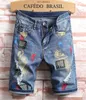 Men Embroidery Blue Jeans denim shorts zomerontwerper heren badge patckwork gebleekte retro grote size letters patches korte broek broek broek 312 244