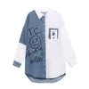 Herfst Stitching Color Vrouwelijke Blouse Plus Size Letter Print Dames Casual Shirt Jas Denim Patchwork 210510