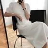 Vestido de cintura con manga abullonada y cuello redondo a la moda para mujer, vestidos largos elegantes elegantes de Color sólido que combinan con todo francés de verano para mujer 210520