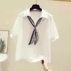 Летняя свободная женская рубашка белый короткий рукав поворотный воротник корейской блузки топы повседневная леопард-печать твердых рубашек 13750 210512
