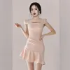 ピンクミニドレス韓国の女性夏半袖クルーネックセクシーキャバレットパーティードレス210602