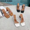 Summer Elegant Women N Band Slides High Heel Slippers Female Peep Toe Wood Block Sandals For Party Shoes 210619