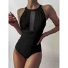 Baddräkt sexig mesh patchwork swimwear kvinnlig solid bodysuit baddräkt sommar strand bär simning monokini 210521