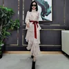 TWOTWINSTYLE Chiffon Printed Floral Dress For Women Stand Collar Flare Sleeve High Waist Lace Up Midi Dresses Female Fashion 210517