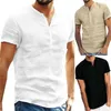 Mężczyzna z krótkim rękawem Lniana Przycisk T-shirt O-Neck Fashion Lato Solid Casual Cotton Henley Luźna Bluzka Tee Top Men Odzież 210716