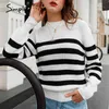 Moda Czarny Biały Paski Sweter Crew Neck Loose Długi Rękaw Winter Pullover Casual Home Style Swetry 210414