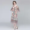 Mujeres diseñador de verano elegante vestido de estampado floral rosa túnica casual de fiesta femenina vintage v cuello bocanado vestidos vestidos 210525