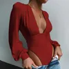 Kvinnor Bodysuit Sexig Svart Deep V Neck Puff Sleeve Bodycon Jumpsuit Elastic Casual Party Winter Bodysuits Body Tops Dropshipping Y0927