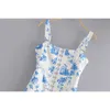 Vintage Chic azul y blanco porcelana estampado gancho botón vestido Sexy elegante señoras cuello cuadrado Sling Mini vestidos 210531