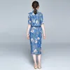 Summer Blue Floral Printed Denim Long Dress Women Short Sleeve V-neck Drawstring Waist Zip-up Fashion Elegant Vestidos 210513