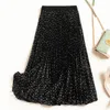 Skirt With High Waist Casual Women Polka Dot s Black A Line Elastic Pleated Midi For 210428