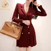 High quality Fashion Designer Runway Dress Women's Double Breasted Office dress Wine red and Black 210520