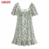 Tangada Summer Women Back Lace Up Flowers Print French Style Dress Puff Short Sleeve Ladies Sundress 3H557 210609