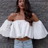 Stijlvolle lente zomer vrouwen dames flare mouw off schouder effen tank shirts crop tops bijgesneden truien blouse kostuum 20 210712