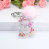 Pink Pompom Letter Keychains English Alphabet Key ring Ball Glitter Gradient Resin Cute Key Chains Rings Car Handbag Gifts