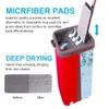 Hand gratis vlakke vloer mop en emmer set, 360 ° roterende natte, droge gereedschap met 2 wasbare herbruikbare microfiber-moppen