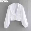 Kobiety V Neck Czarny Biały Kolor Krótki Smock Bluzka Kobieta Latarnia Rękaw Slim Court Koszulki Chic Pearl Przyciski Topy LS9268 210416