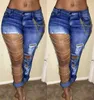 Mode gedurfde ontwerp vrouwen slanke denim jeans gescheurde ketting grote gat broek potlood broek tonen lange slanke benen mager