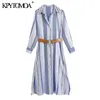 Women Chic Fashion With Belt Striped Midi Shirt Dress Long Sleeve Side Vents Female Dresses Vestidos Mujer 210420