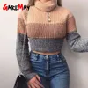 Chaki Crop Sweater Turtleneck Feminino Algodão Malha Listrada Suéteres Longa Outono Inverno Mulheres Quentes e Pullovers 210428