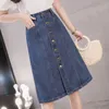 Ly Varey Lin Spring Summer Office Lady Button Mid Longueur Denim Jupes Casual Simple Boutonnage A-Line Taille haute 210526