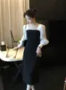 Женские платье осенние французские винтажные квадратные шеи миди белый черный лоскутный пузырь длинные рукавы платья 210608