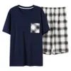 Summer Men Cotton Pajama Casual Short Sleeve Pajamas Set With Pocket Male Plaid Shorts Thin Sleepwear Suit Plus Size Nightwear 210812