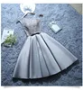 New Short Evening Dress Satin Lace Wine Red Grey A-line Bride Party Formal Dress Homecoming Graduation Dresses Robe De Soiree