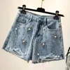 Blå pärla kort jeans kvinnor femme sommar koreansk denim lös avslappnad plus storlek breda ben damer s 210429