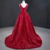 Glamorous Kırmızı Payetli Yüksek Düşük Abiye Kadınlar Için Glitter Zarif Uzun Bir Çizgi V Yaka Balo Parti Elbise Dubai Arapça Özel Durumlar Geri Dantel-Up