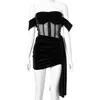 Mujeres Sexy Slash Neck Hollow Out Mesh Corset Crop Top + Vendaje fruncido Mini Faldas Trajes Party Club Prom Night Goth Ropa 210517