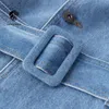 FANSILANEN Vintage autumn winter long blue denim dress Women sleeve slim elegant jeans Casual belt office 210607