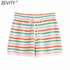 Zevity Women Fashion Färgglada Striped Knitting Sommar Shorts Femme Chic Lace Up Waist Casual Pantalone Cortos P1112 210719