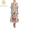 est Summer Holiday Dress Runway Mujer Rose Print Spaghetti Strap Sexy Slash Neck Cintura elástica Vestidos largos 210506