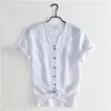 Summer V-Neck Casual męska koszula Pościel Proste Retro Biały Koszulka Młodzież Slim Oddychająca Bawełna 210420