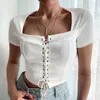 Bandage Vierkante Kraag Vrouwen Solid Crop T-shirt Korte Mouw Lace Up White Dames Casual T-shirt Tops Zomer Mode Kleding 210518