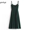 Frauen Einfarbig Vintage Hohe Taille Sling Sexy Kleid Romantische Dame Backless Ärmel Schlitze A-linie Chiffon Sommer 210514