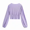 Forido vinatge french style blouse shirts women long sleeve button autumn winter crop tops ruffle purple chic short blouse tops 210415