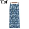 Women Fashion With Knot Printed Front Vent Midi Skirt Vintage High Waist Back Zipper Female Skirts Mujer 210507